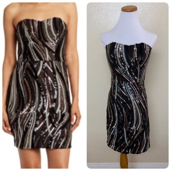 Dress the Population Strapless Mini Sequins Sheath Cocktail Dress SMALL Black - Picture 1 of 10